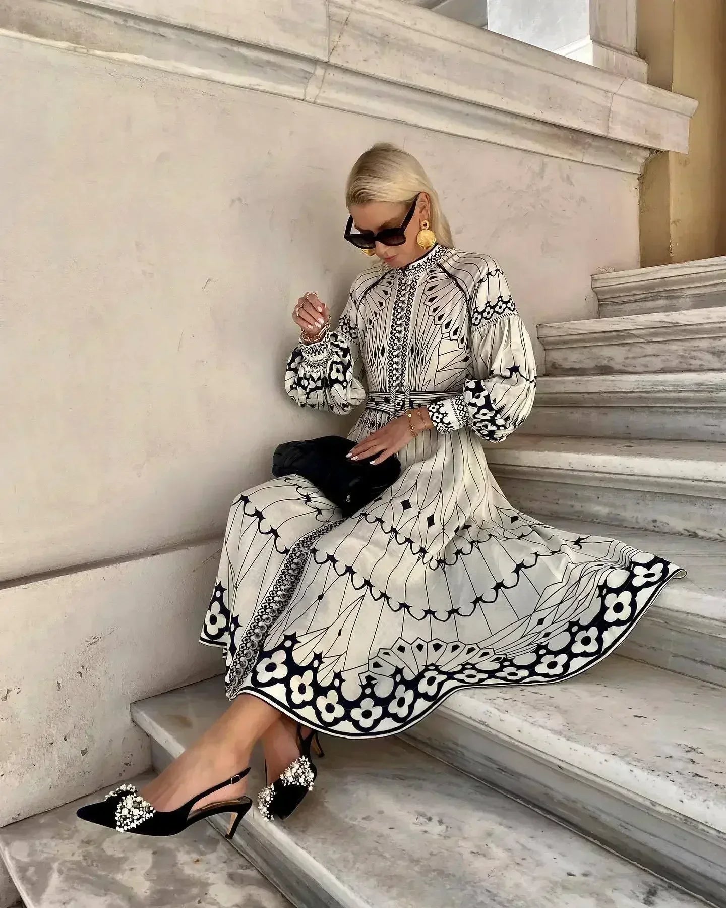 Eulalia - Retro Staande Kraag Boho-jurk