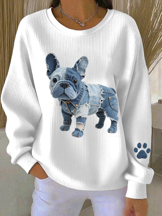 Rosa - Dames sweatshirt met denim patchwork in Franse bulldog stijl
