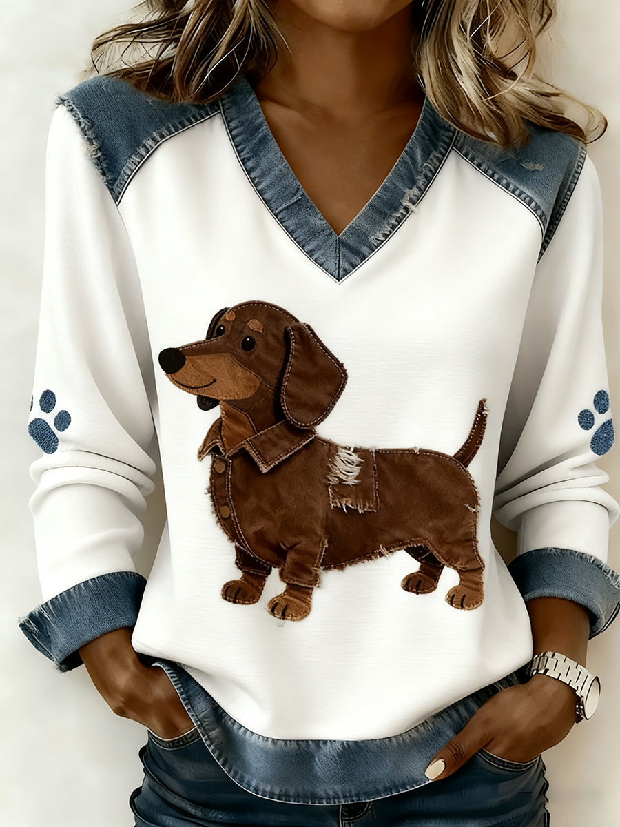 Paloma - Dames retro top met V-hals, patchwork met dierenprint, comfortabel en met een losse snit